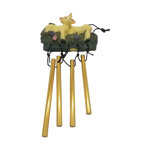 Wind Chimes Two Baby Lambs Grass Pink Blue Floral Flowers Metal Rod Resin - Picture 3 of 6